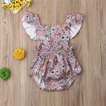 

0-24 Months Baby Girls Rompers Ruffle Short Sleeve Baby Girls Clothes Purple Flower Print Baby Romper Newborn Infant Clothing