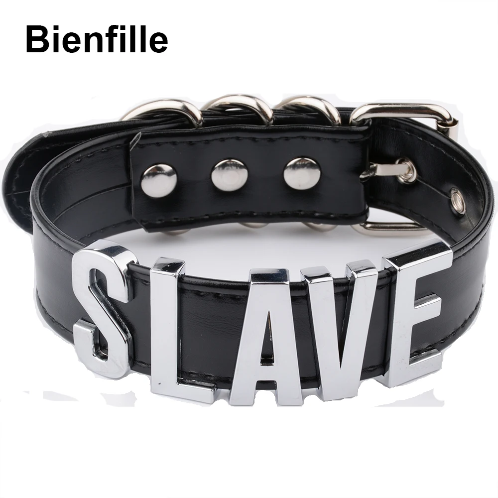 Fashion Gold Men Necklace Women Girl Silver Slave Name Word Customized Collar Buckle Necklace Black PU