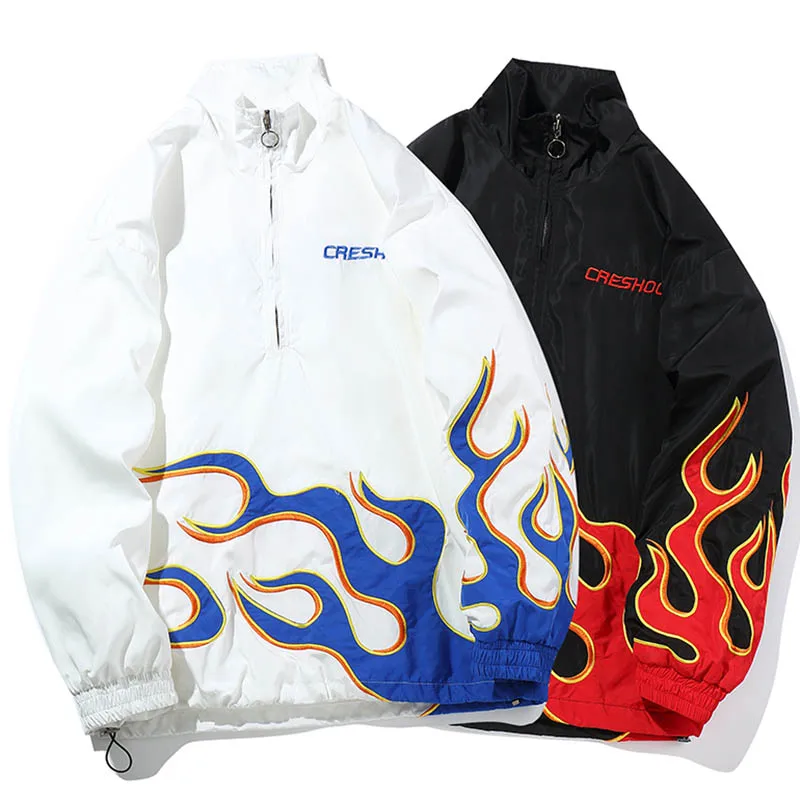 Harajuku Fire Flame Embroidery Jacket Windbreaker Half Zip Hip Hop Jacket  Pullover Streetwear Mens Track Jacket Coat Autumn 2018|Jackets| - AliExpress