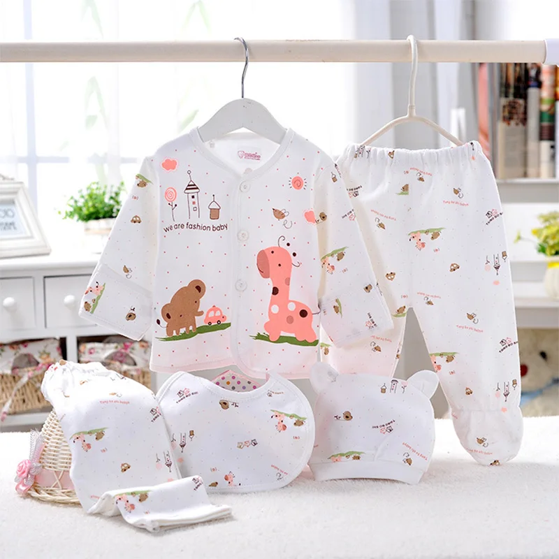 glitter sweet Baby Cotton Boys Girls Clothes Sets 5 Pcs Newborn Underwear Animal Print Shirt Pants Hat Layette Clothing Baby Set