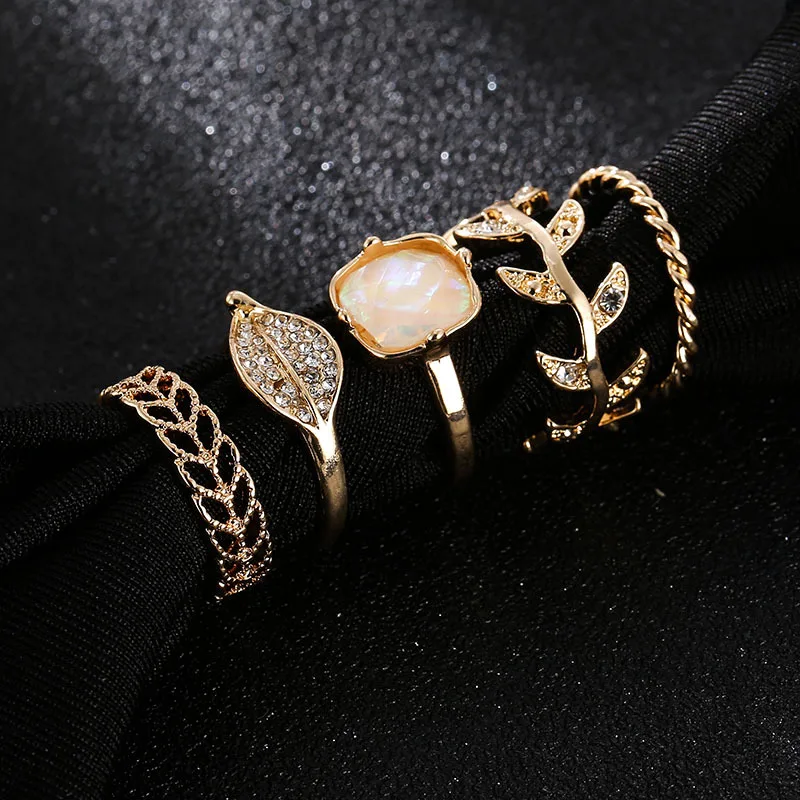

LUXSHINE 5 Pcs/lot Gold Color Ice and Fire Leaf Rings Set for Women Fashion Anillos Mujer Bague Femme De Marque De Luxe Jewelry