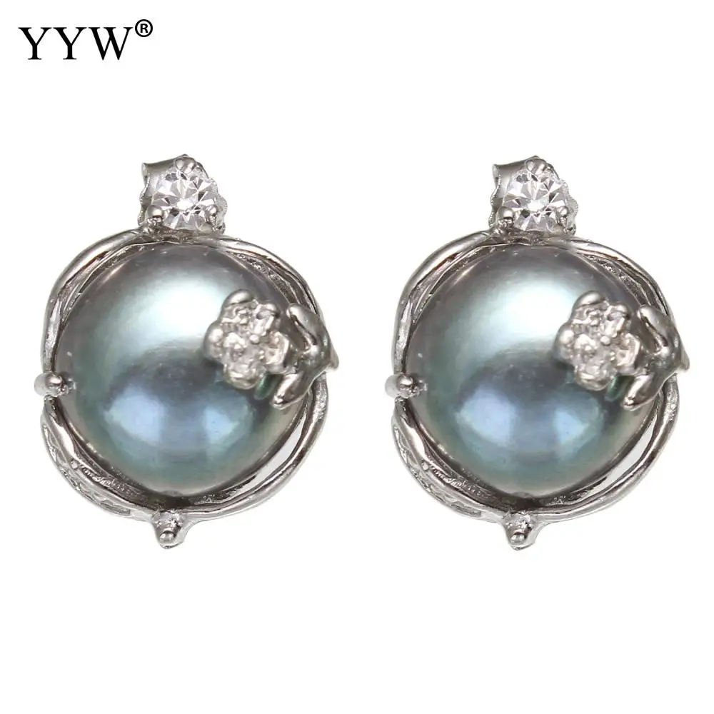 Пресноводные жемчужные серьги-гвоздики, цветок, кнопка, Плакирован серебром, женский, стразы, черный, 12-13mm, продается пара