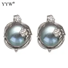 Пресноводные жемчужные серьги-гвоздики, цветок, кнопка, Плакирован серебром, женский, стразы, черный, 12-13mm, продается пара