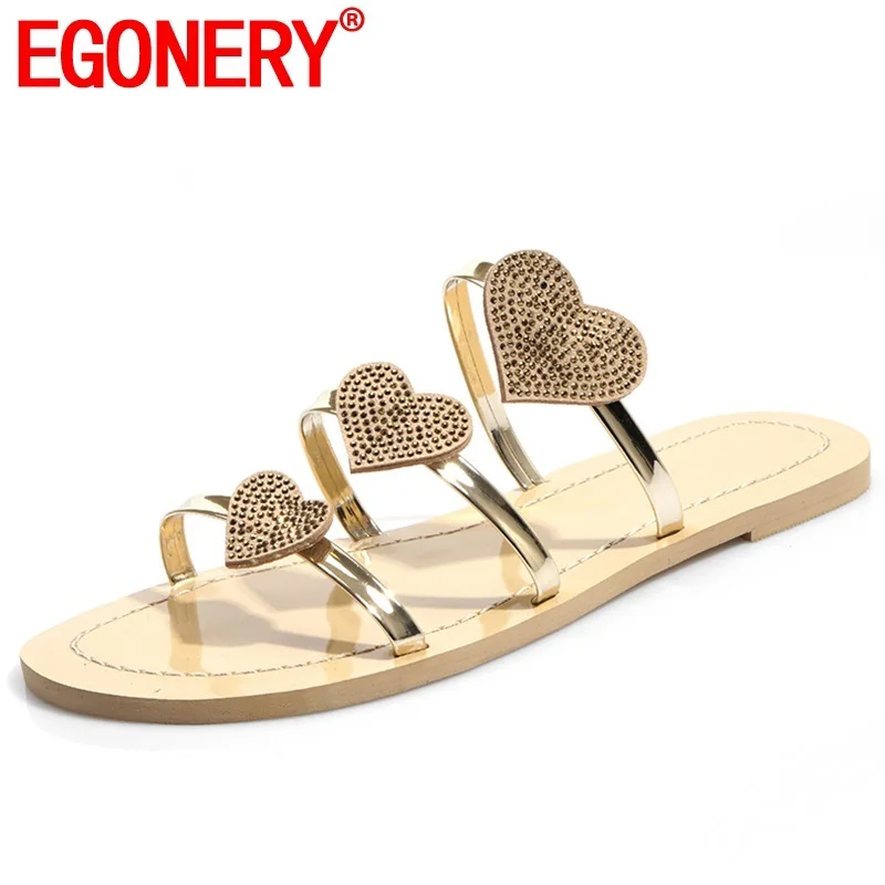 

EGONERY shoes woman 2019 summer new fashion popular crystal woman slippers outside comfortable flat with plus size ladies shoes