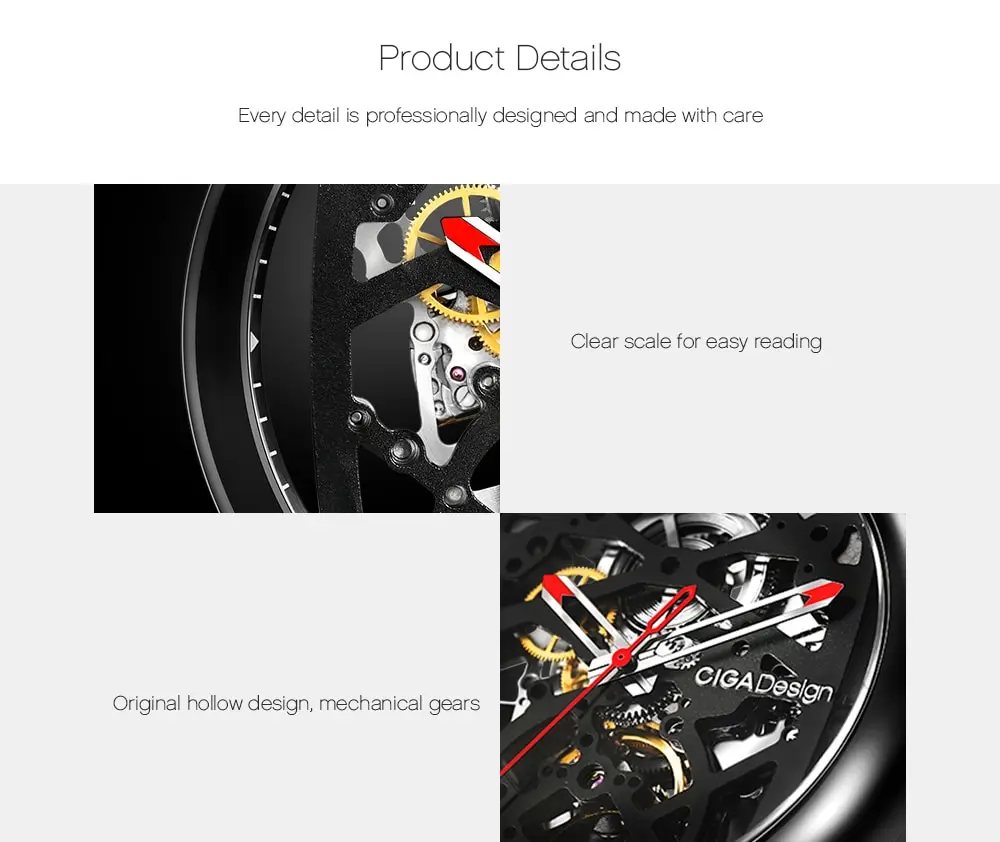 CIGA Design Creative Leather Strap Automatic Mechanical Men Watch- Black