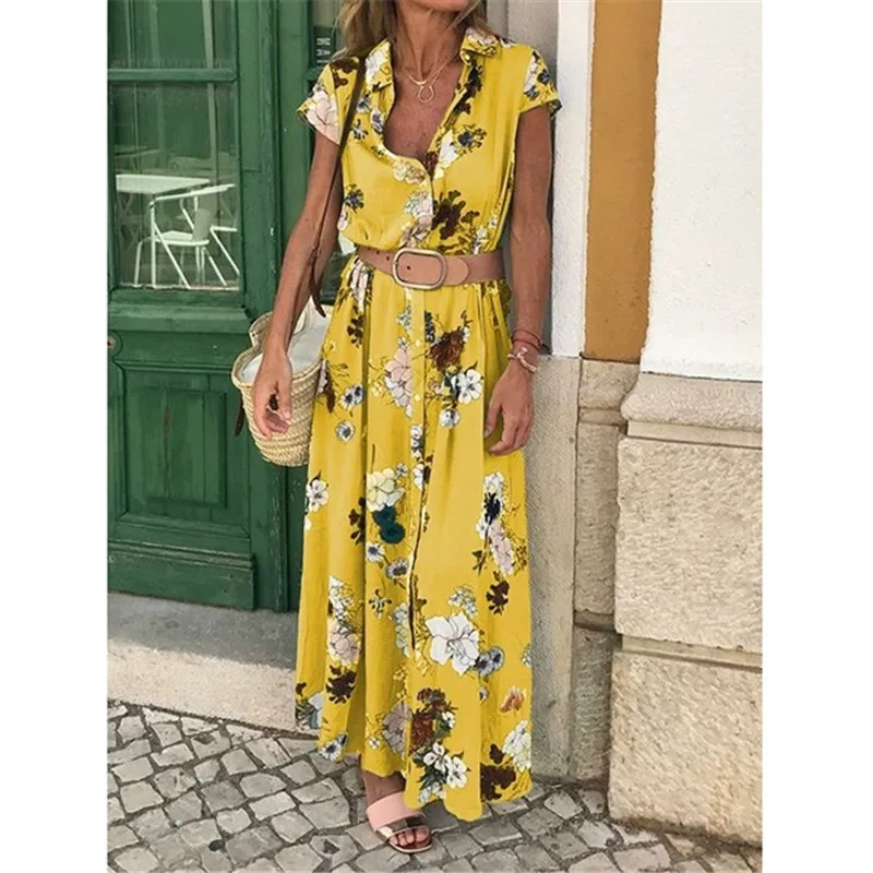 

Women Holiday Floral Boho Maxi Dress Beach Style Sundress Summer Casual Loose Shirt Style Long Dress With Belt