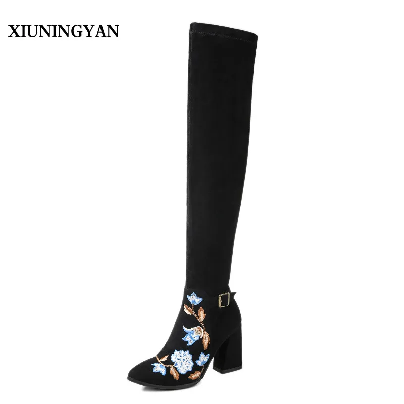 

XIUNINGYAN Suede Sexy Thigh High Boots with Flower Embroider Women Over The Knee Boots Ladies Winter High Heels Booties Size 43