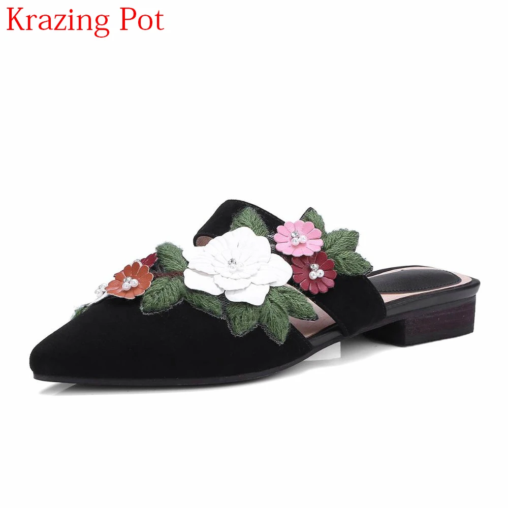

2018 Superstar Cow Suede Pointed Toe Low Heels Slip on Mules Green Leaves Flowers Mixed Colors Slingback Sexy Women Sandals L5f5