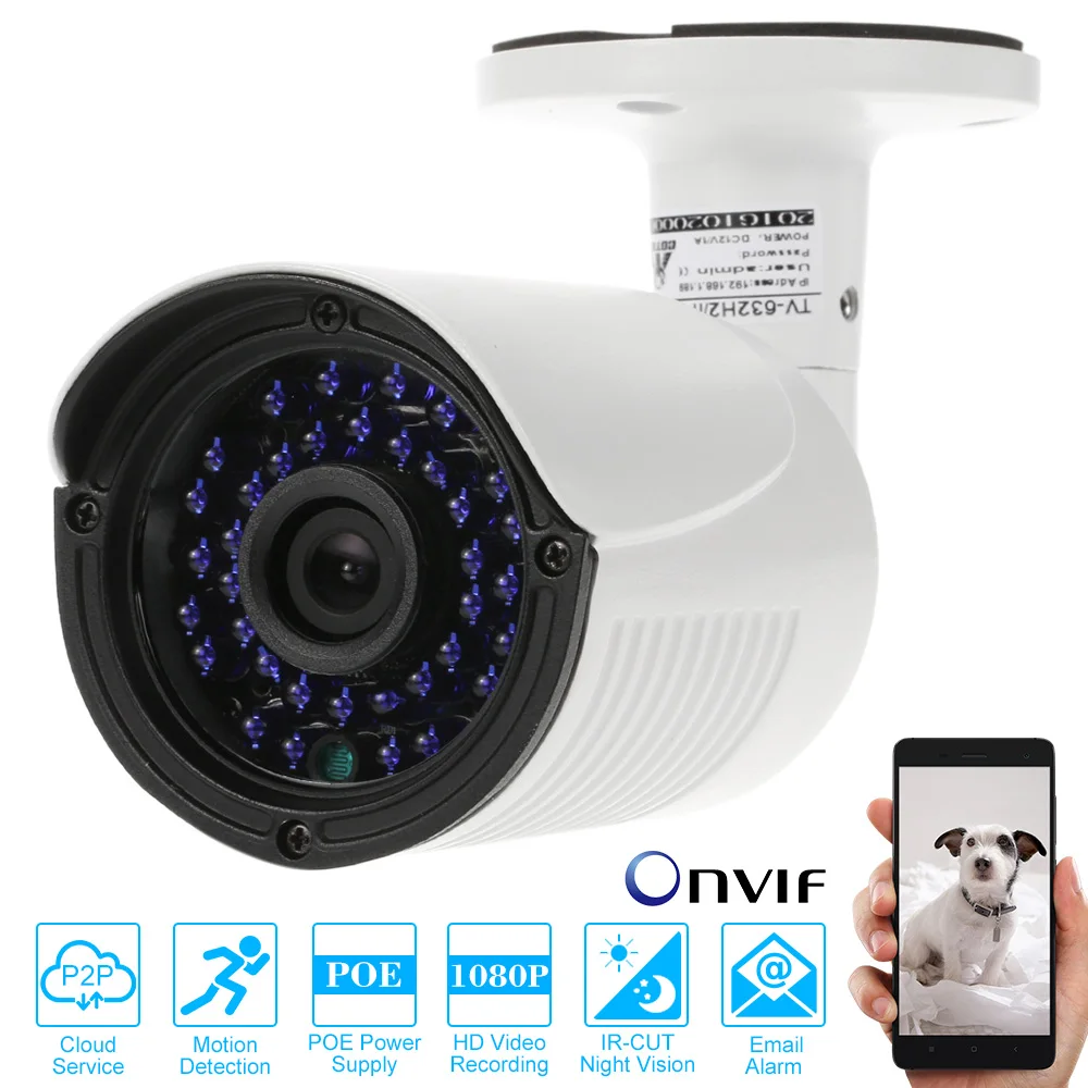 HD 1080P POE IP Camera 2MP 1/2.8" CMOS H.264 P2P Onvif 36pcs IR LEDS Night View Motion Detection Email Alert Phone APP Control