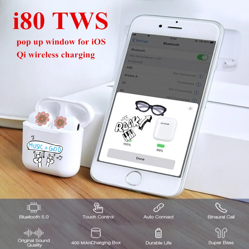 2019 новейший i80 TWS мини 1:1 Размер всплывающее окно для iOS Bluetooth 5 0 Поддержка