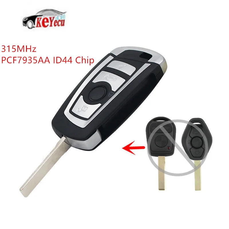 

KEYECU Modified Flip Key Replacement for 1998-2009 BMW Remote Key 4 Button 315MHz FCC: LX8FZV with ID44 PCF7935 & HU92 (2 Track)