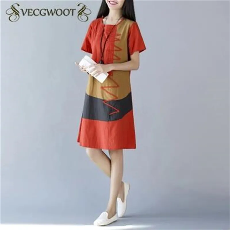 

Summer Women Short - sleeved Women Dress 2019 New casual Round neck Cotton Linen Patchwork Women Dress M-XXL SES361