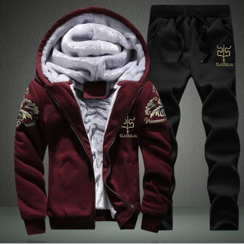 

2019 New Mens Winter Casual Sportwear Suits Pattern Print Men Tracksuit jacket + pants Set Thicken wool Zipper Fleece Warm