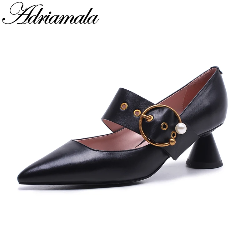 

2018 Cow Leather Strange Style\\ Pointed Toe Ladies Office Shoes Brand Designer Mary Janes Office Thick High Heels Adriamala