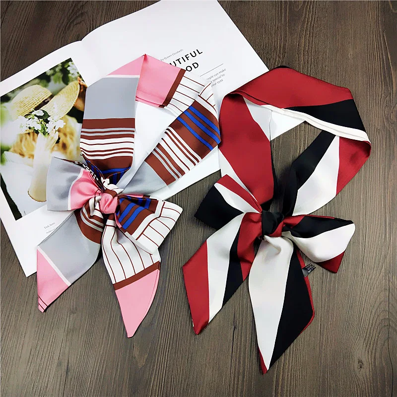 

New Hot Striped Dots Print Women Satin Scarf Small Bag Ribbon Female Headband Fashion Head Scarf Long Scarves & Wraps Kerchief