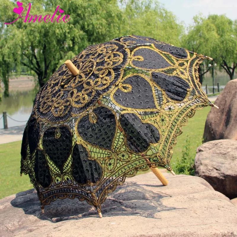 Embroidery Heart Shape Coodinates with Dramatic Studded Lace Party Shower Umbrella Lace Parasol Graduation Photo Prop Umbrella