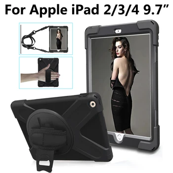 

360 Rotating Kickstand Hand Shoulder Strap Case for Apple iPad 2 3 4 9.7" Shockproof Cover for iPad2 iPad3 iPad4 iPad 2 3 4 Case