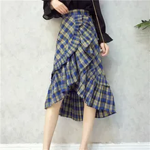 Весенне-летняя новая женская клетчатая юбка в Корейском стиле с рюшами, асимметричная юбка с завышенной талией, юбка миди с разрезом спереди