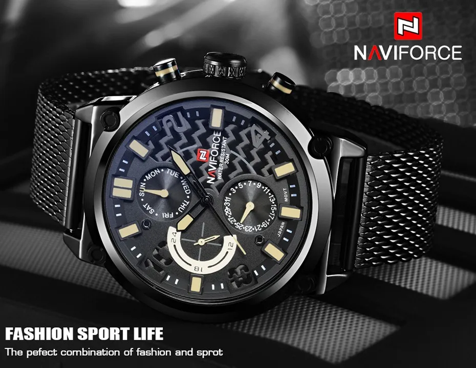 2019 NAVIFORCE Luxury Brand Men's Analog Quartz 24 Hour Date Watches Man 3ATM Waterproof Clock Men Sport Full Steel Wrist Watch