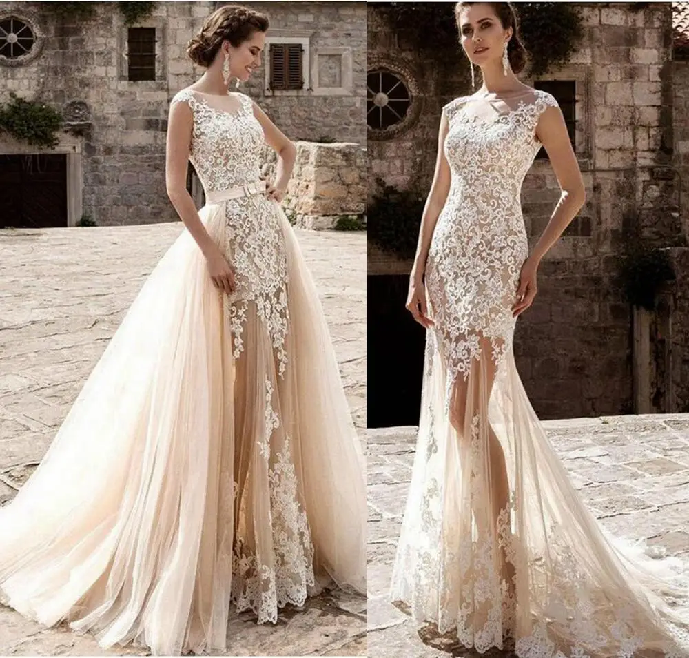 

Sexy Lace Wedding Dress with Removable Skirt, Wedding dress 2 in 1 ,Bride Dress Bridal Gown Superbweddingdress