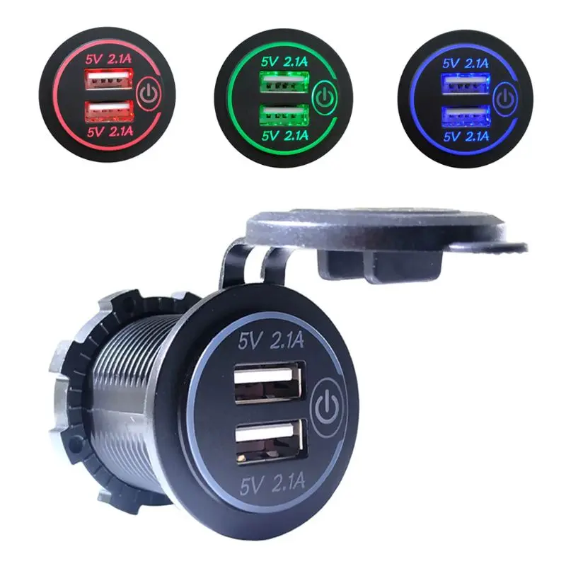

12V 24V Dual USB 2.1A LED Car Charger Adapter With Touch ON OFF Switch Power Cable For Car Boat Marine Truck Motorcycle Camper V
