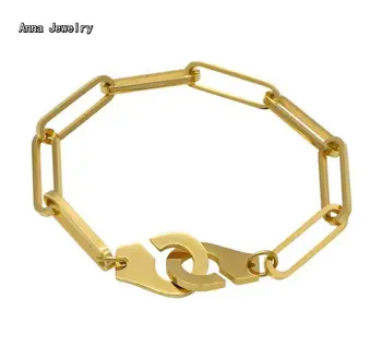 

New Fashion Handcuffs Clasp Link Bracelet,Precision Stainless Steel in 3 Gold Colors,Stylish Long Link Chain For Women Bracelet