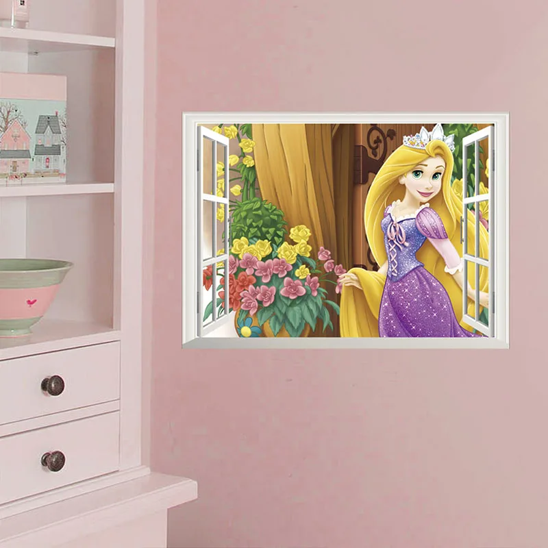 3D View Window Disney Cartoon Princess Wall Stickers For Home Decor Kids Girls Rooms Mural Art PVC Wall Decals/adesivo de parede