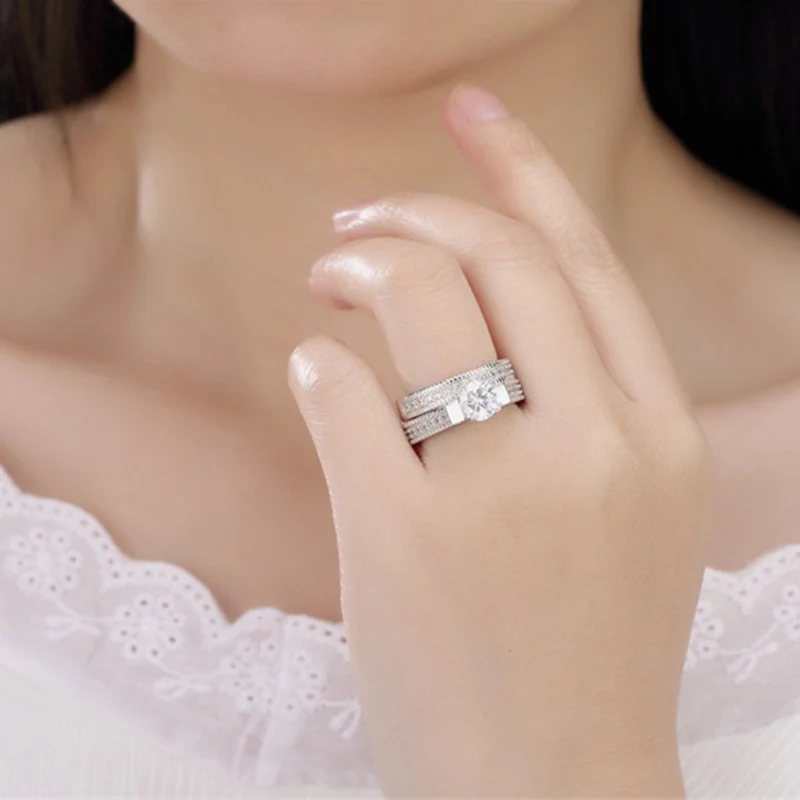 

LNRRABC Silver Color Luxury 2 Rounds Bijoux Fashion Wedding Ring Set Cubic Zirconia Jewelry 1PC Exquisite Allergy Free Unique