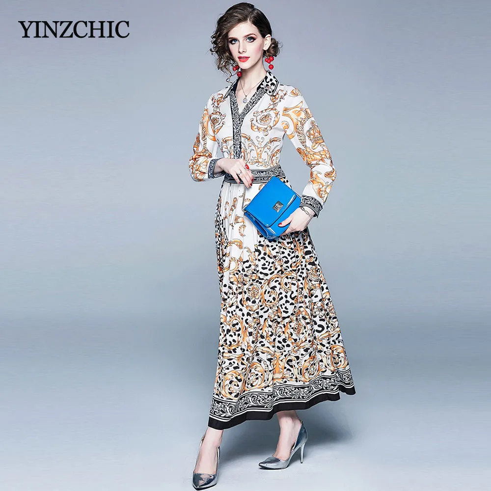 

Vintage Printed Woman Maxi Pleated Dress Full Sleeve Autumn New Ladies Party Dress V-neck Slim Long Party Dress for Woman