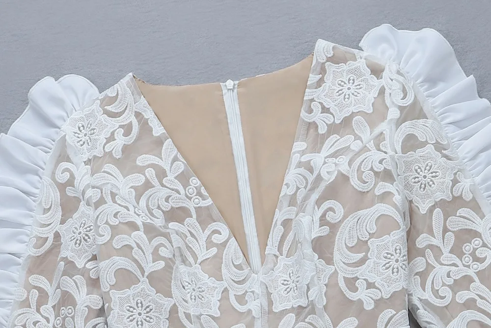 Europe Runway Designer Dress 2019 Women's High Quality Long Sleeve Sexy Deep V-neck Floral Printed Chiffon Mini Dress  (1)