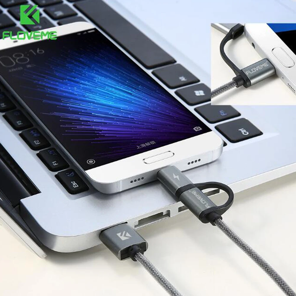 FLOVEME Micro USB/type C 2 в 1 2.8A Быстрая зарядка двухсторонняя синхронизация передачи данных Кабель зарядного устройства для samsung huawei 1 м серый