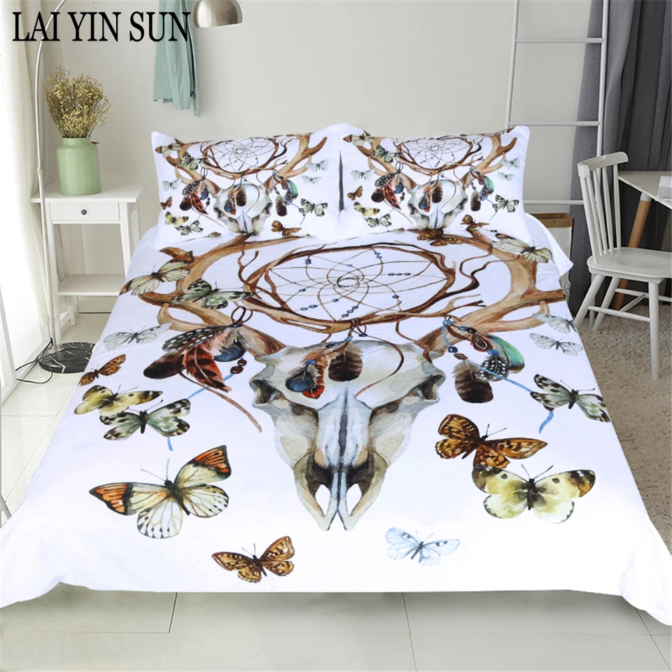 

Lai Yin Sun Hipster Watercolor Bedding Set Dreamcatcher Feathers Duvet Cover Bohemian Printed 3Pcs Butterfly Sheep Head Queen