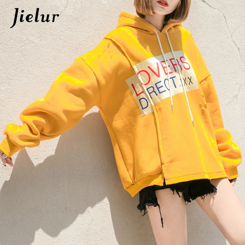 Jielur корейский поп Oversize нерегулярные толстовки для женщин уличный шик отверстия с