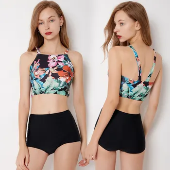 

High Waisted Bikini Set Black Swimwear 2018 Women Swimsuit Push Up Bikini Set Summer Beachwear Floral Printed Bathing Suit