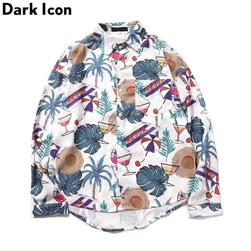 

Dark Icon Turn-down Collar Hawaii Style Mens Shirts 2019 Autumn Coconut Tree Full Printing Casual Shirts