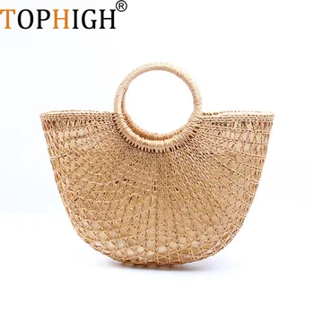 

2020 Summer Bohemian Bali Women Knitting Straw Bag Cotton Linen Beach Bags Circle Straw Bag Wrapped Bag Moon Shaped Handbag