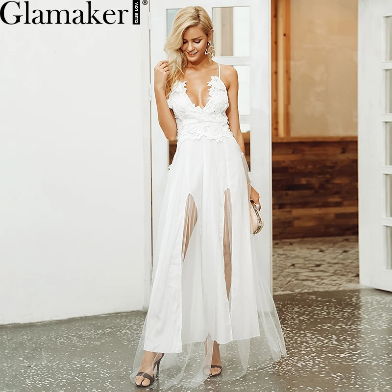 Glamaker Womens Elegant Tulle Lace Dress V Neck Spaghetti Strap Split Long Dress