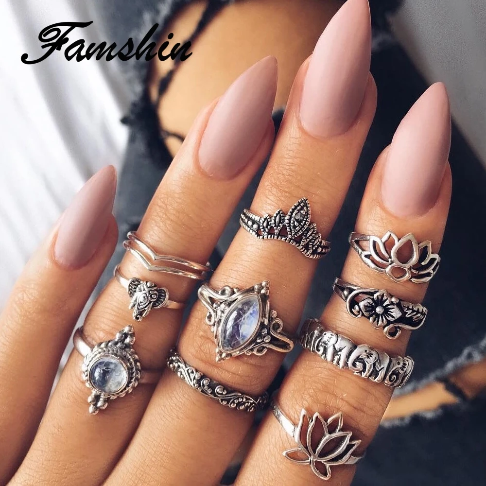 

FAMSHIN 10 Pcs/set Hollow Lotus Ring Set for Women Punk Vintage Retro Finger Tibetan Flower Elephant Knuckle Midi Ring Jewelry