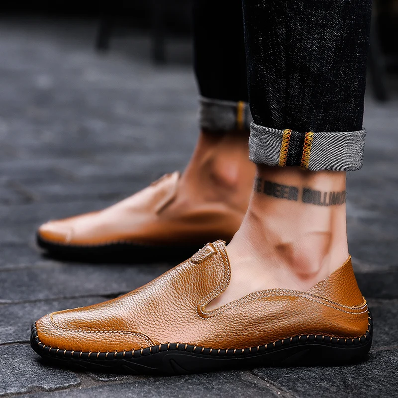 2018 Cuero Conducción Los Zapatos Negro Tamaño blanco azul Casuales Primera Guisantes De Verano Perezosos marrón Gran Hombres Tendencia Capa 7Frx7SO