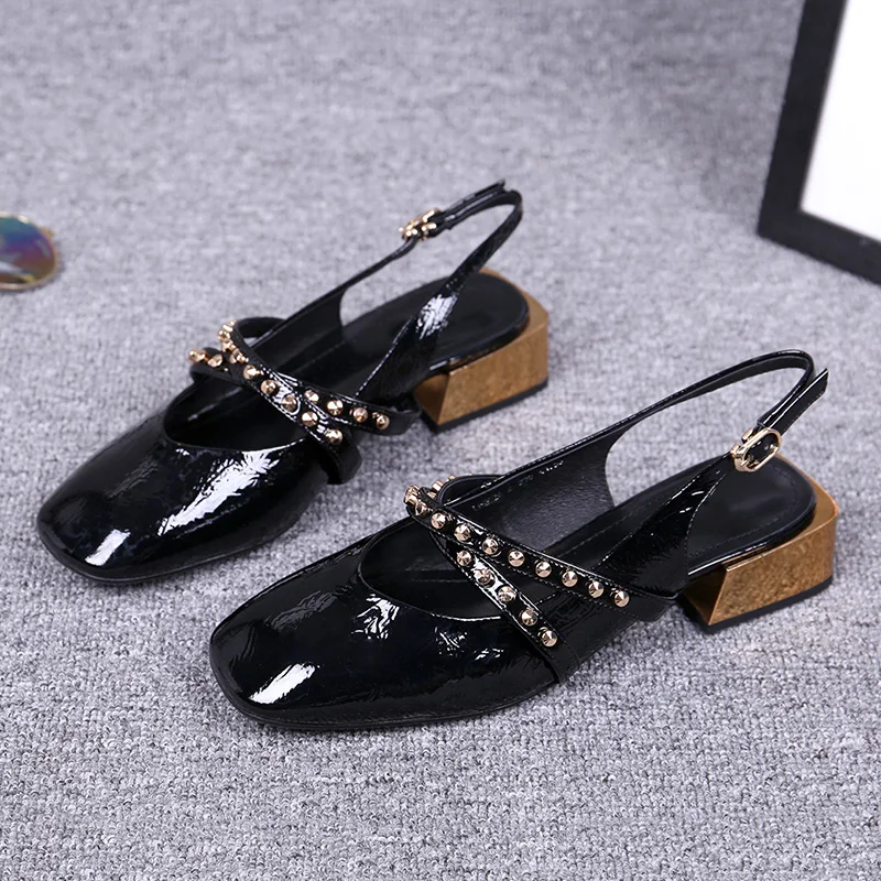 

Fashion rivet Patent Leather Female Sandals Baotou Gladiator Med high quality Summer women Shoes comfortable ladies Sandals