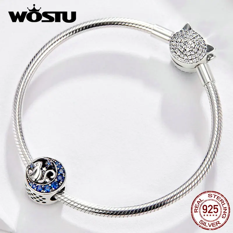 WOSTU Голубая Луна Звезда и бусины кошка 925 пробы Серебряная эмаль CZ Шарм Подходит