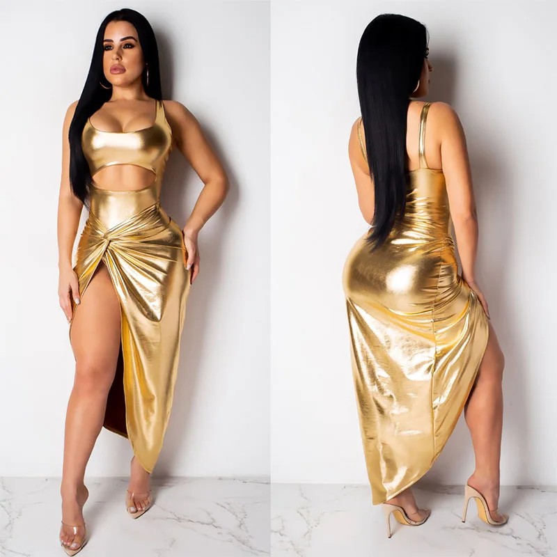 

New Arrival 2019 Sexy Split Lady Long Dresses Fashion Gold Sleeveless Solid Slim Dress Sexy Party Night Club Dress For Women