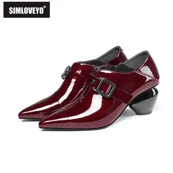 

SIMLOVEYO Women Pumps Patent leather Strange ball heel Pointed Strap up Big size 42 Party Office Autumn Red Black B1411