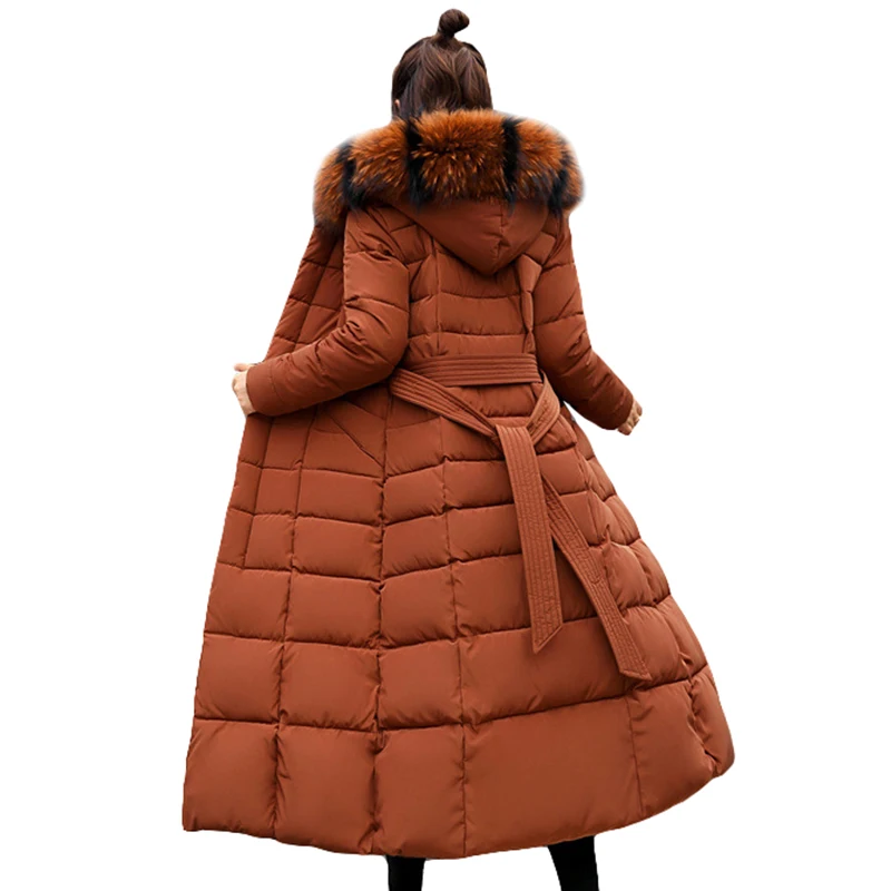 Fashion Winter Jacket Women Big Fur Belt Hooded Thick Down Parkas X-Long Female Jacket Coat Slim Warm Winter Outwear 2019 New