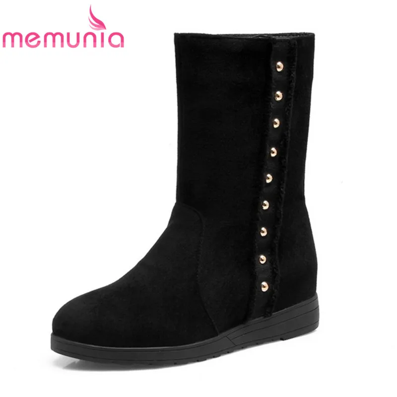

MEMUNIA new arrival winter boots black slip on rivet mid calf boots flock round toe flat with heels boots women casual shoes