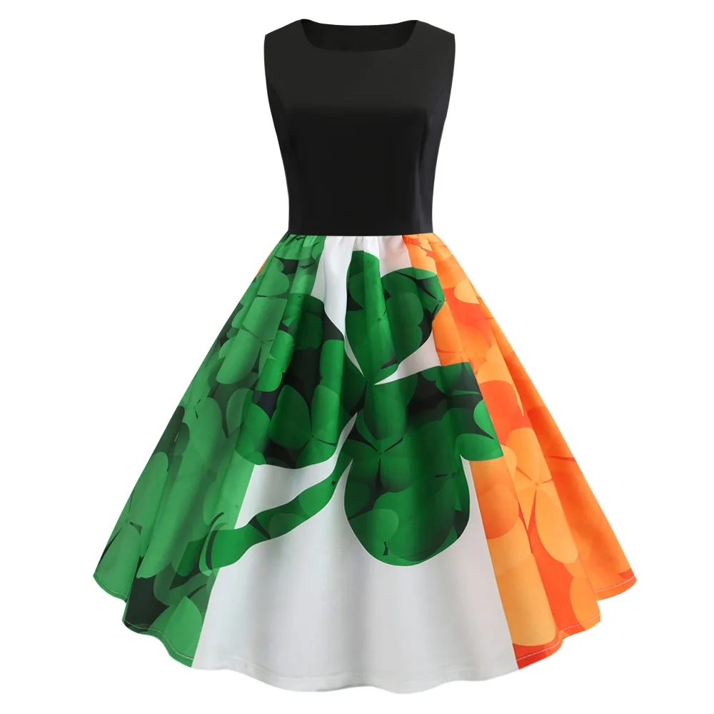 

Women 2019 Saint Patrick Parades Irish St. Patrick's Day Dress Sunday 1950s Vintage Retro Orange Green Shamrock Clover Dress