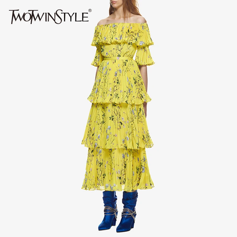 

TWOTWINSTYLE Off Shoulder Dress Women Print Ruffles Patchwork Tunic High Waist Ruched Long Beach Dresses 2019 Summer Fashion New