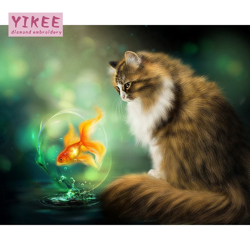 YIKEE Diamond Embroidery Fish Cat 5d diy Full Square Painting Rhinestone Mosaic Home Decor h928 | Дом и сад