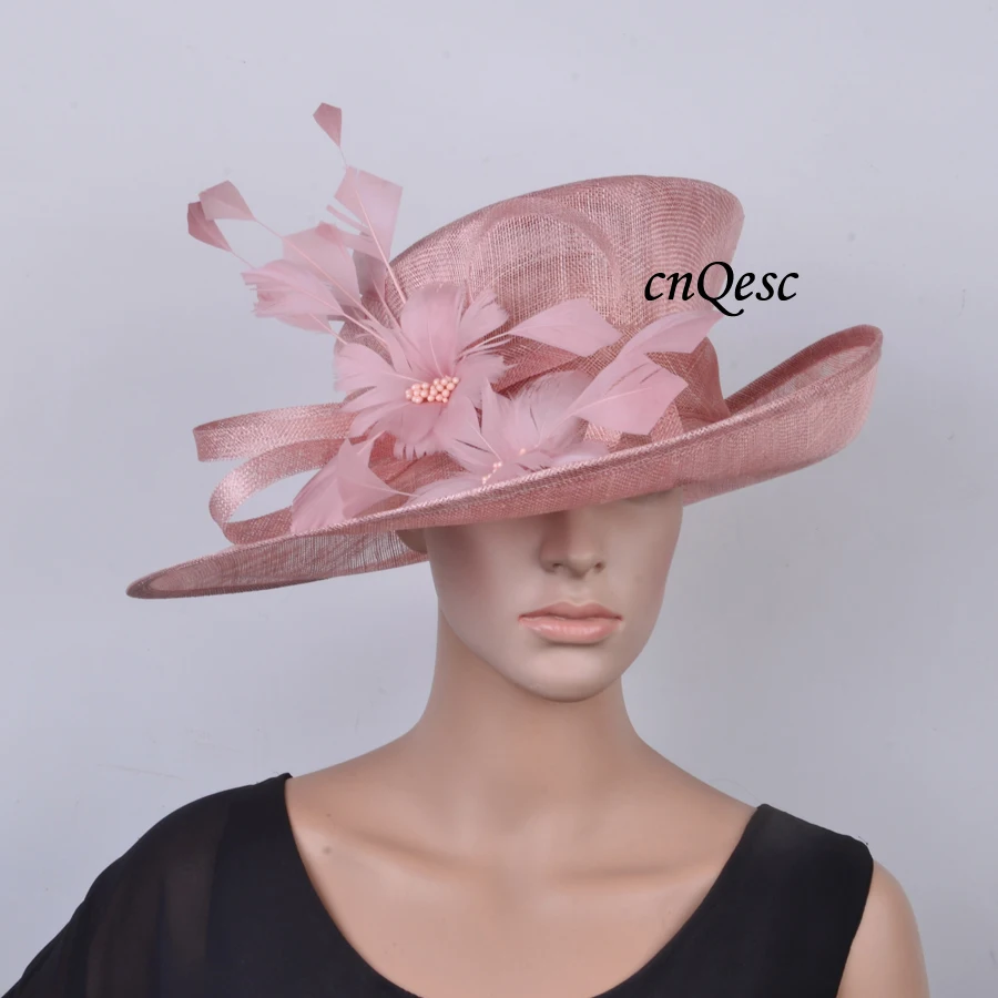 

NEW BIG Blush pink Sinamay Hat formal dress hat with feathers flower for kentucky derby.wedding church.