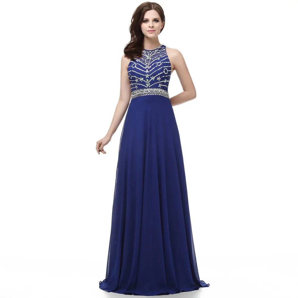 Shining Crystal Beading Halter Crise Cross Back A Line Blue Long Prom Dresses 2017 Vestidos